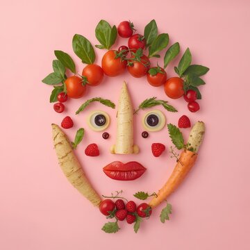 Creative arrangement of fruits and vegetables on pink background shows a face