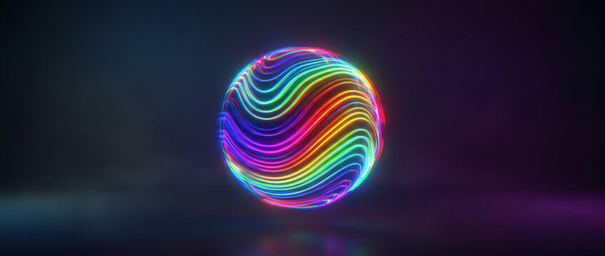 Vibrant Neon Sphere with Swirling Rainbow Lines