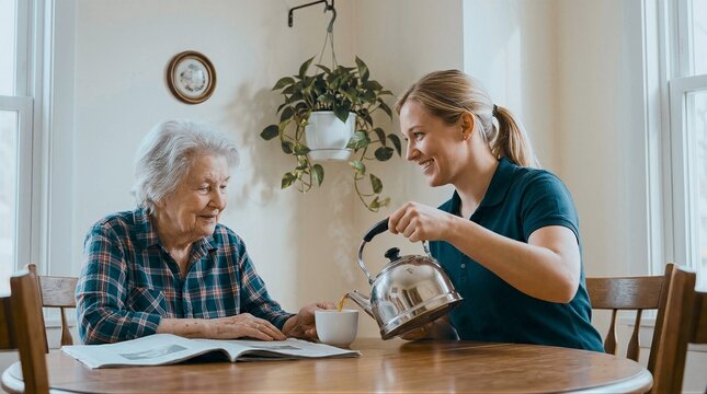 Elderly woman shares tea with caregiver at wooden table in cozy home setting