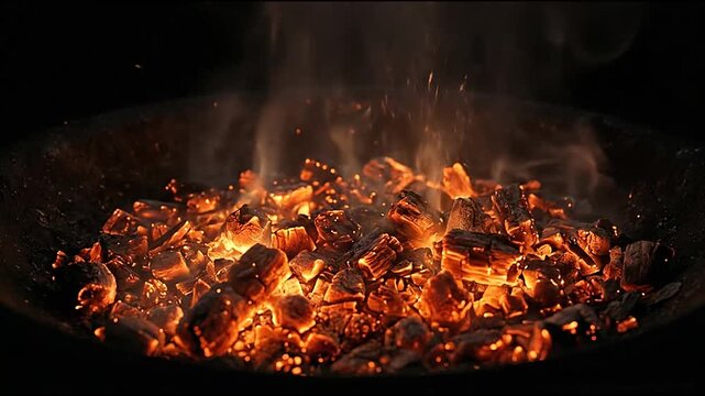Glowing charcoal embers in a dark fire pit