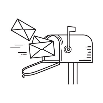 Mailbox With Letters Black Line Art Silhouette On White Background