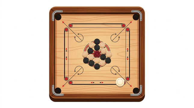 Traditional Carrom Board Game with Coins Top View Vector Illustration