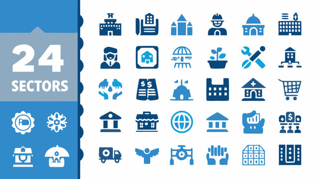 Collection Of Twenty Four Flat Blue Icons Representing Diverse Societal And Industrial Sectors agriculture architecture banking