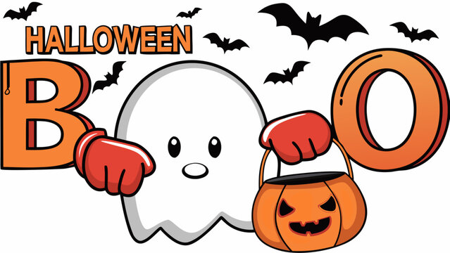 Cartoon ghost character with boxing gloves and pumpkin bucket colorful halloween illustration apparition specter phantom october