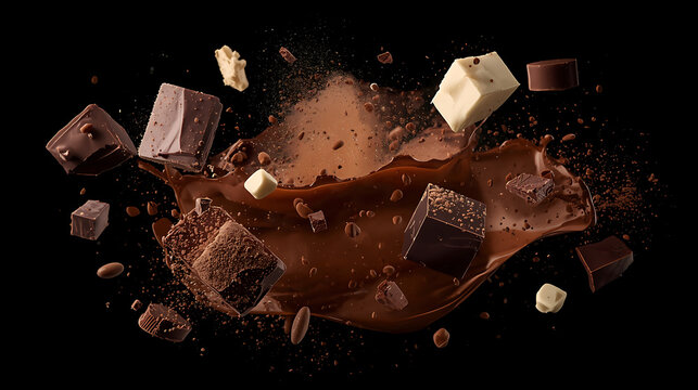 Chocolate and white chocolate chunks exploding with liquid chocolate splash chocolate explosion background confectionery isolated delicious textured culinary refreshment indulgence