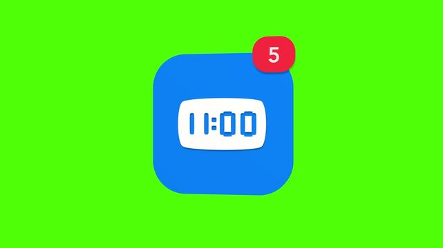 A 3D modern sleek digital clock face display showing the current numerical time value notification icon popping up on a green screen chroma key background.