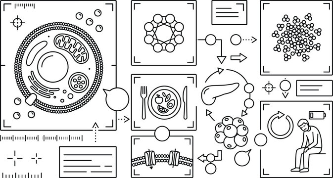 Cellular metabolism vector interface set with mitochondrion cell nutrition plate pancreas insulin loop and low energy fatigue icons for medical infographics