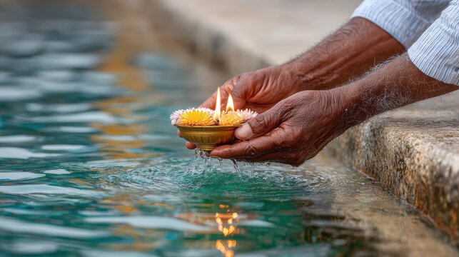 Senior hands placing floral decorated oil lamp into pool water creating ripple reflections and gentle flames near stone coping in devotional outdoor ritual