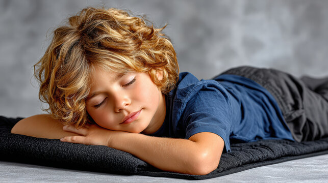 Young boy resting in child pose on mat after exercise for kids fitness recovery guide background and wellness banner