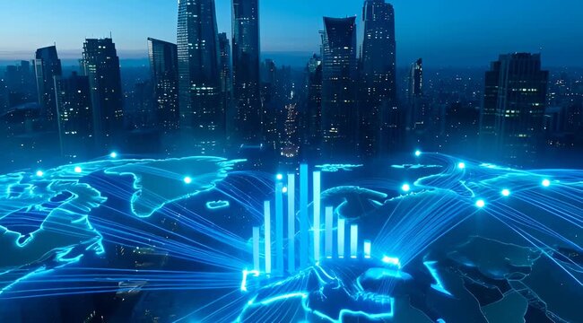 Global digital map with rising data graphs over city at night