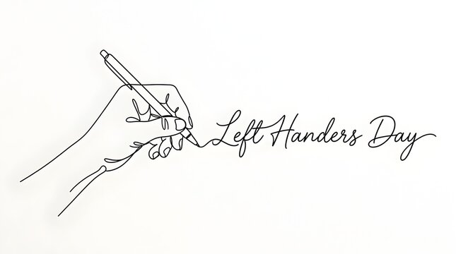 A hand holding a pen writing left handers day in cursive on white background