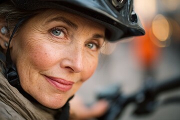 Obraz premium Mature woman cyclist wearing a protective helmet. Portrait of a happy lady riding a bicycle in the city. Active lifestyle of an elderly person, safety during sports and urban commuting.