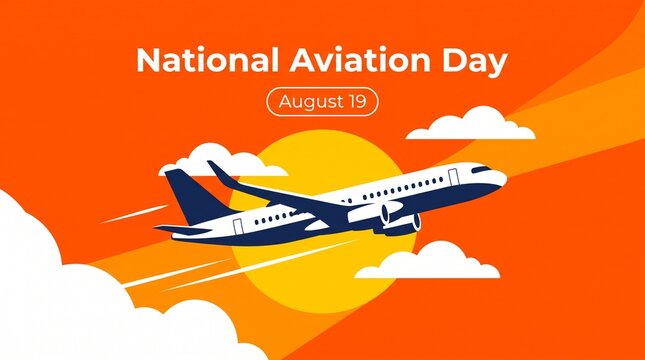 National Aviation Day, airplane flying, orange sunset background, aviation icons, vector graphics