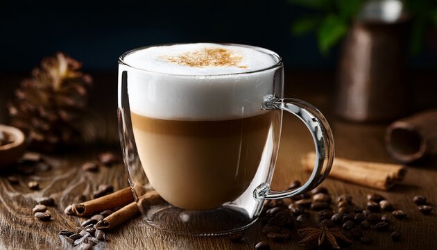 a delicious latte in a clear glass mug