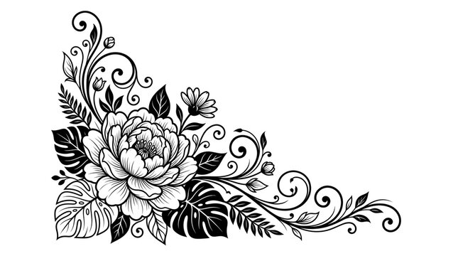 Floral corner border illustration with peonies and tropical leaves