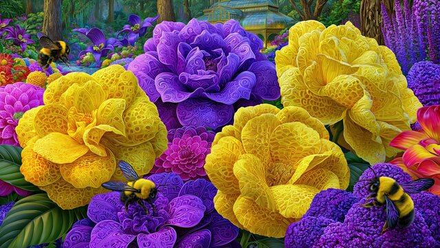 Bees fly among bright textured fantasy garden flowers.