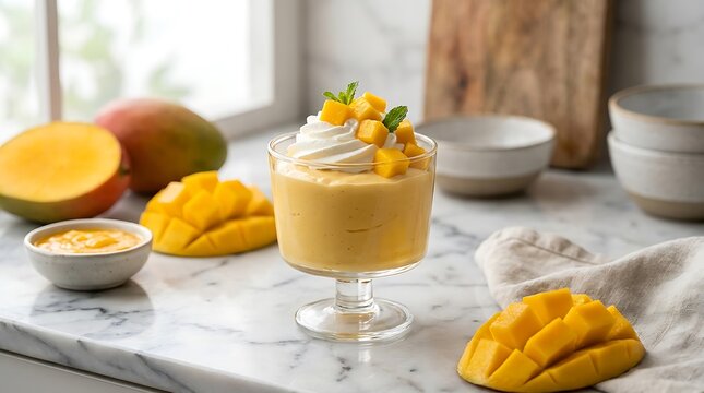 Fresh mango mousse cake dessert with sliced fruit on a kitchen counter. Mango Mousse Recipe