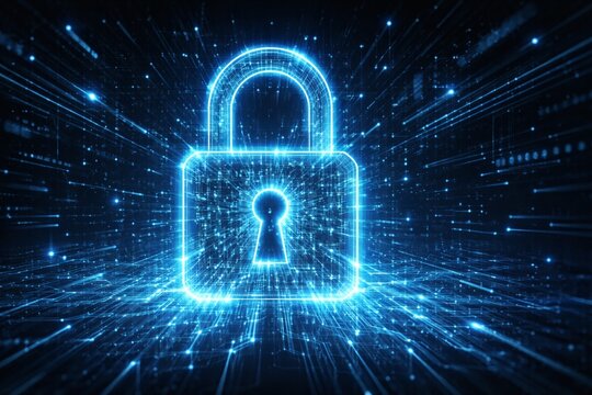 Glowing digital padlock icon hovering amidst a complex network of bright blue light data streams