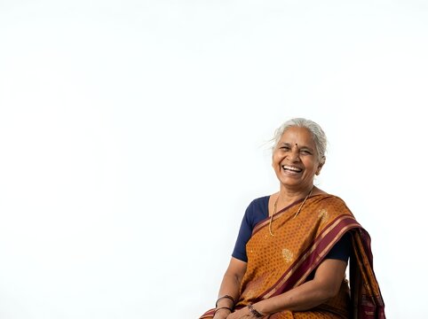 Senior Indian Woman with Gray Hair in Sari and Glasses Smiling Portrait Diversity Culture