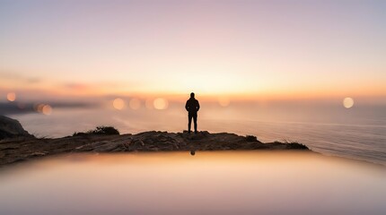 Obraz premium Silhouetted figure standing on rocky outcrop overlooking misty coastal landscape at sunrise, conveying solitude, contemplation, and adventure for travel and lifestyle content.