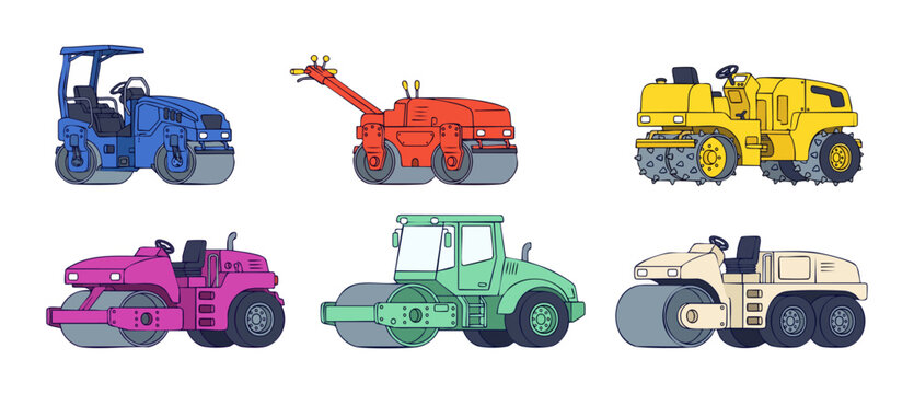 Road roller compactor vehicle icons in colorful flat line art style, isolated on white background. Heavy industrial machinery illustration set for construction, civil engineering, roadwork site works.