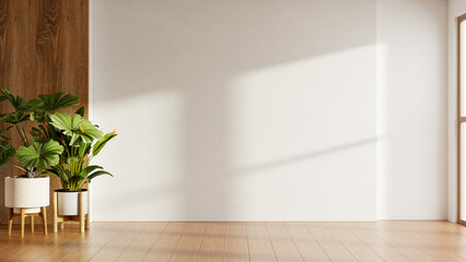 Fototapeta premium Minimalist empty room interior background with blank white wall for mockup, wooden floor, wood paneling, and tropical indoor plants- 3D rendering