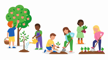 Obraz premium Diverse children engaged in gardening activities: planting, watering, and harvesting