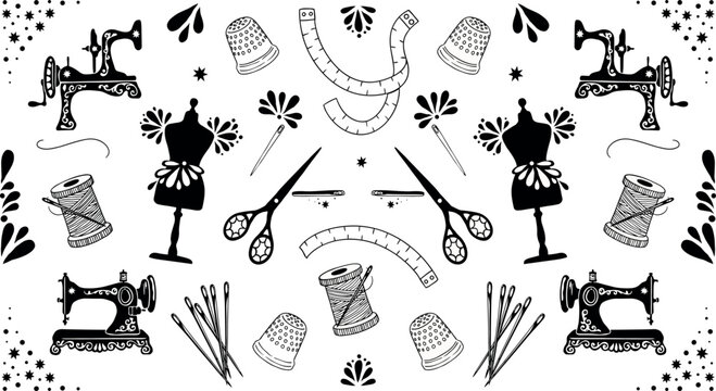 Vintage Sewing and Dressmaking Equipment Icon Set with Sewing Machines, Mannequins, and Scissors for Tailor Shops, Fashion Blogs, and Retro Craft Brandin