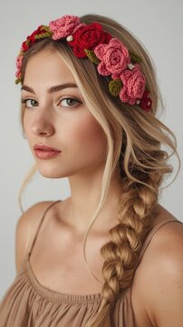 A young woman with blonde hair styled in a braid wears a crocheted floral headband, gazing softly with a neutral backdrop.