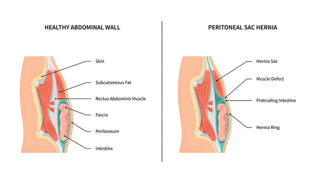 Medical illustration of healthy abdominal wall and ventral hernia with abdominal
