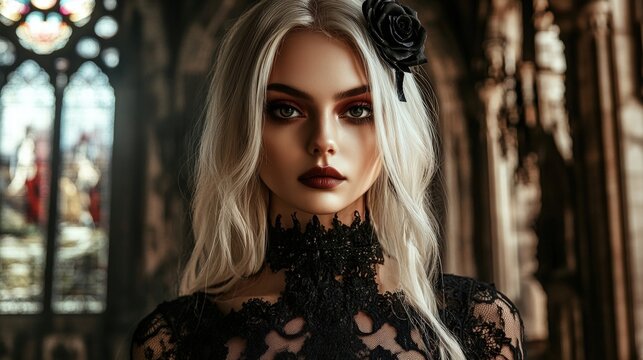 gothic beauty portrait woman in black lace dress