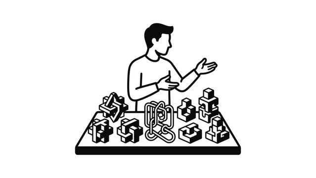 Man presenting complex puzzles and brain teasers on a table, demonstrating problem solving