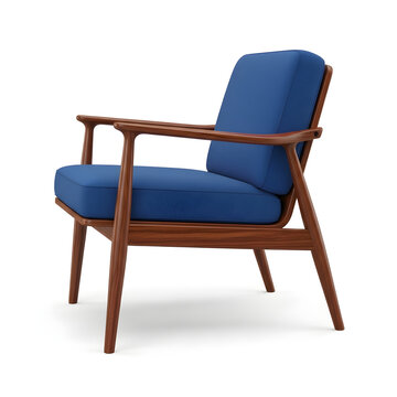 Vintage mid century style armchair with blue cushion and dark wood frame.