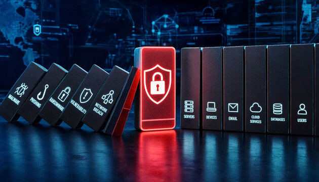 Cybersecurity padlock icon glows on a red block positioned between falling dominoes to symbolize the successful blockage of malicious attacks and the ongoing preservation of critical digital.