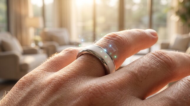 Close Up of a Smart Ring Wearable Technology for Health Tracking with Futuristic Holographic Interface on Hand