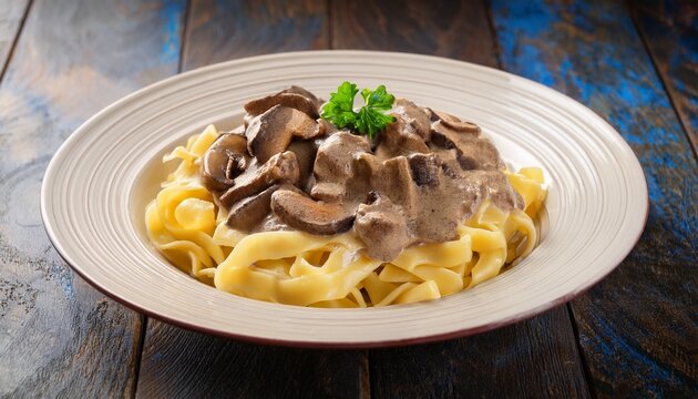 beef stroganoff with egg noodles and mushroom cream sauce