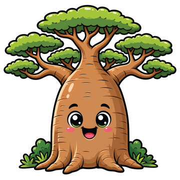 Cute Kawaii Baobab Tree Character Cartoon for African Nature Kids Education and Botanical Design