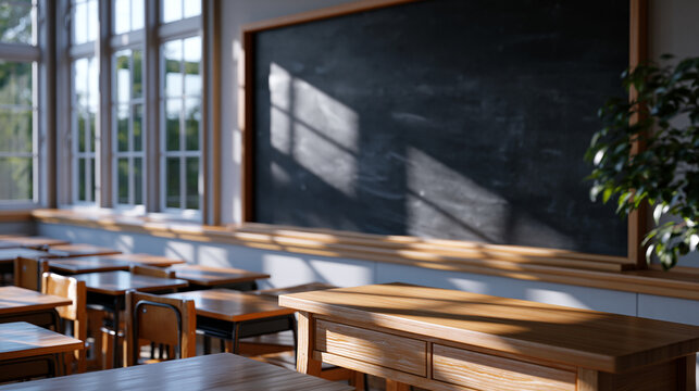 Black chalkboard empty clean surface dominates a vacant elementary school classroom at golden hour with afternoon sunlight streaming through tall windows across rows of unoccupied wooden desks, educ