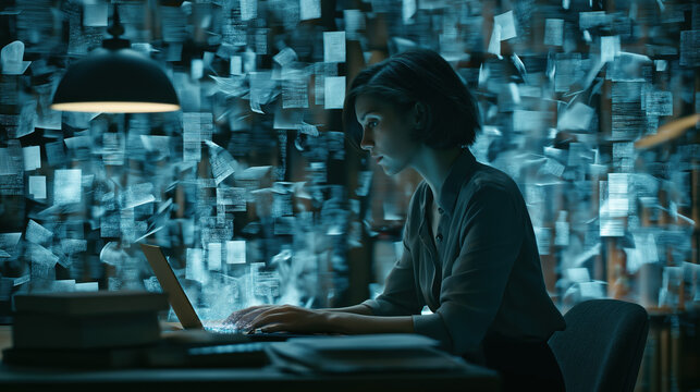 A woman intensely working on a laptop in a dimly lit room filled with floating digital documents and data visuals.