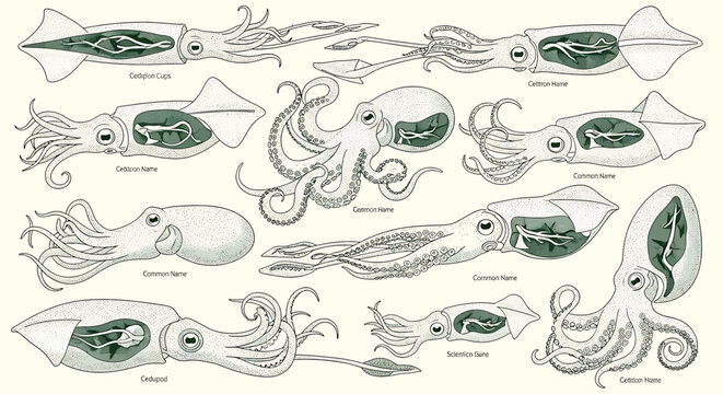 Detailed squid drawings in various positions.