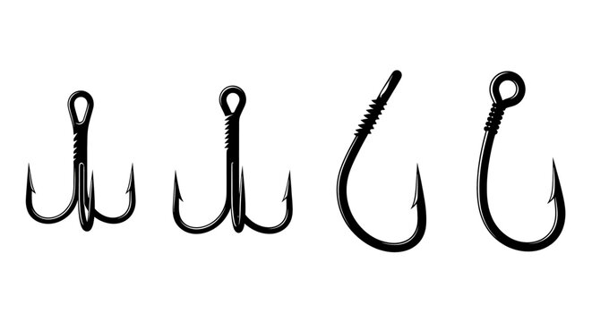 Four metal fishing hooks displayed.