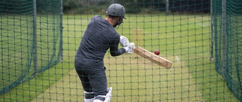 Cricket player practicing batting skills in nets on a green pitch with protective gear and helmet for professional training session performance