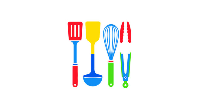 Colorful kitchen cooking utensils set.