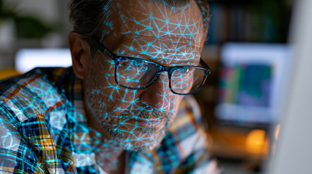 Geometric grid line pattern projects from a building information modeling workstation onto the face of a solitary structural engineer reviewing clash detection reports in an architecture firm's visu