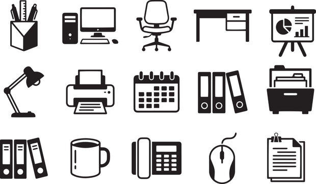 Office workspace and business furniture black glyph icons set