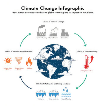 Climate Change Infographic. Visual diagram showing causes and effects of global warming with icons temperature charts and environmental symbols for education design
