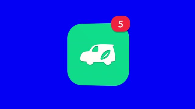 3D eco friendly hybrid electric vehicle car layout featuring a green environmental leaf stamp notification icon popping up on blue screen.