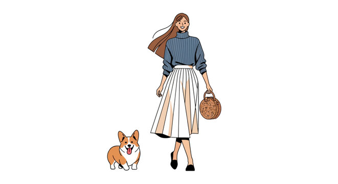 Stylish woman walking corgi dog outdoors with handbags.