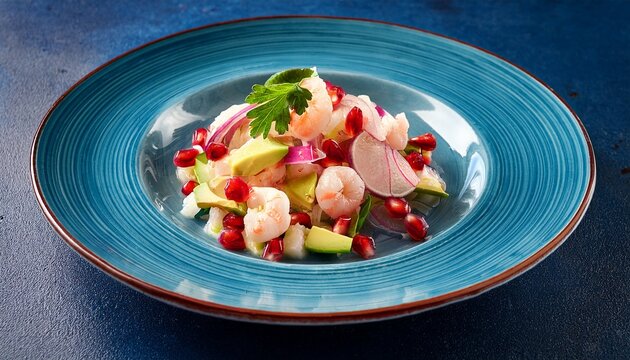 fresh ceviche appetizer with seafood and pomegranate on blue plate