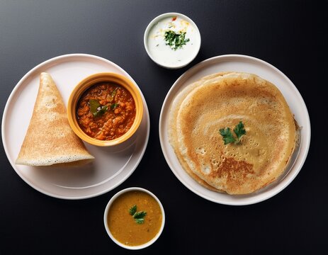 masala dosa plates with chutney and sambar on black background